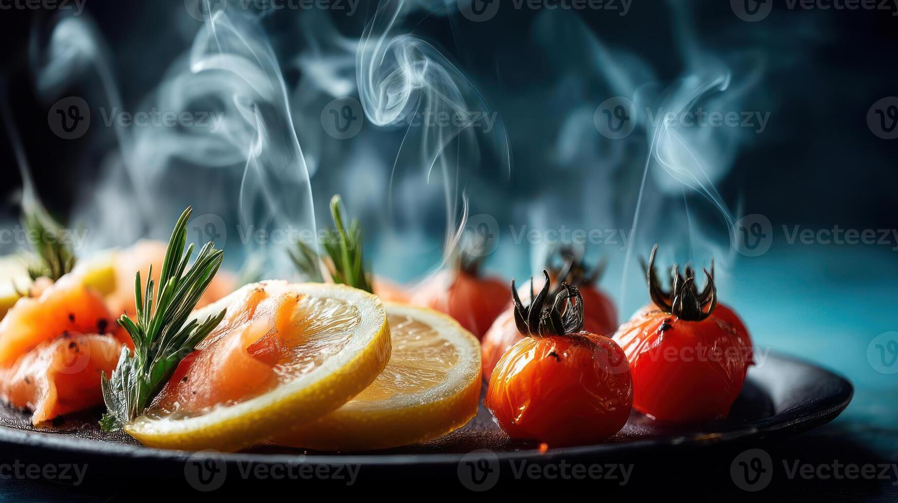 Roasted tomatoes and salmon with lemon and rosemary. photo