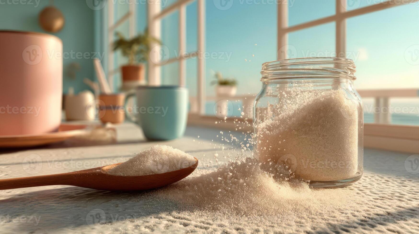 Flour spilling from a jar, rustic kitchen scene. photo