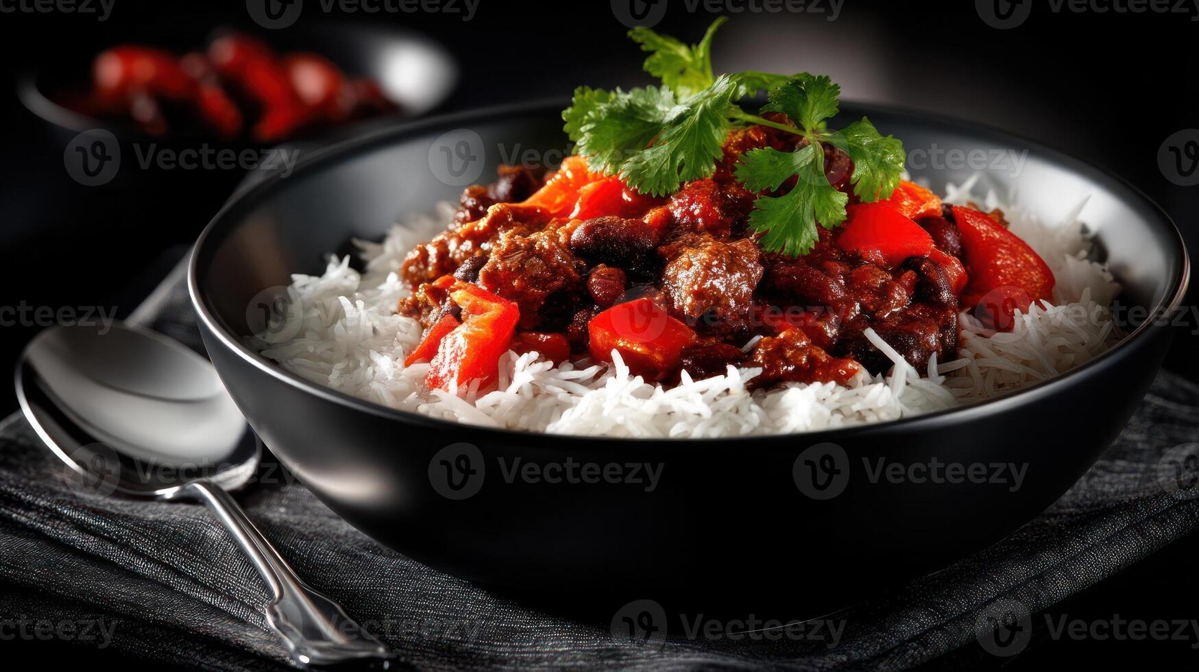 Spicy rice bowl with meat and peppers, garnished with herbs. photo