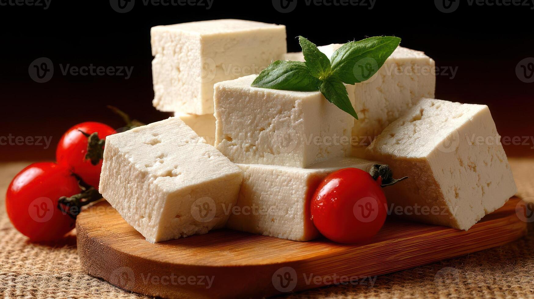 Feta cheese with basil and tomatoes on a wooden board. photo
