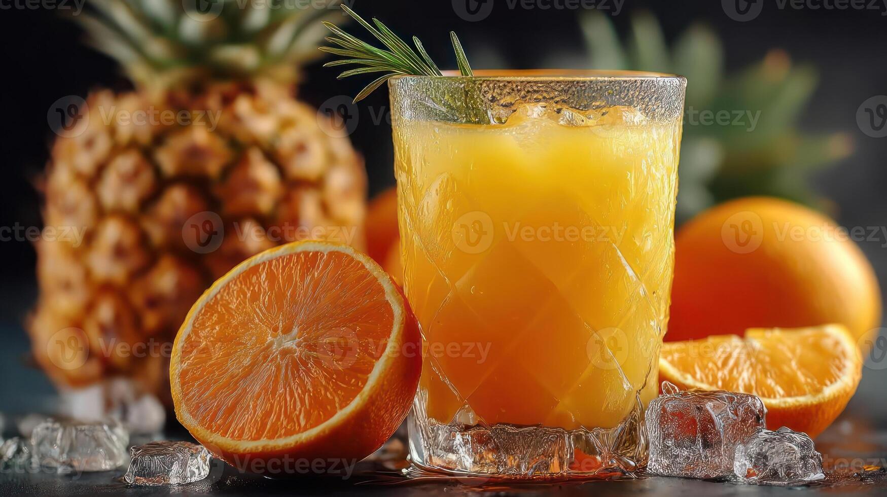 Refreshing orange juice with pineapple and citrus fruits. photo