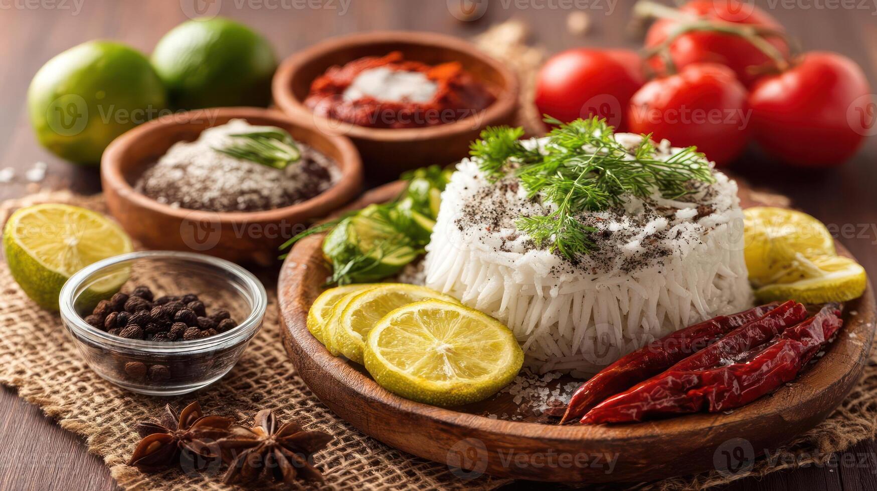 Spiced rice with herbs, chili, and citrus on a wooden platter. photo