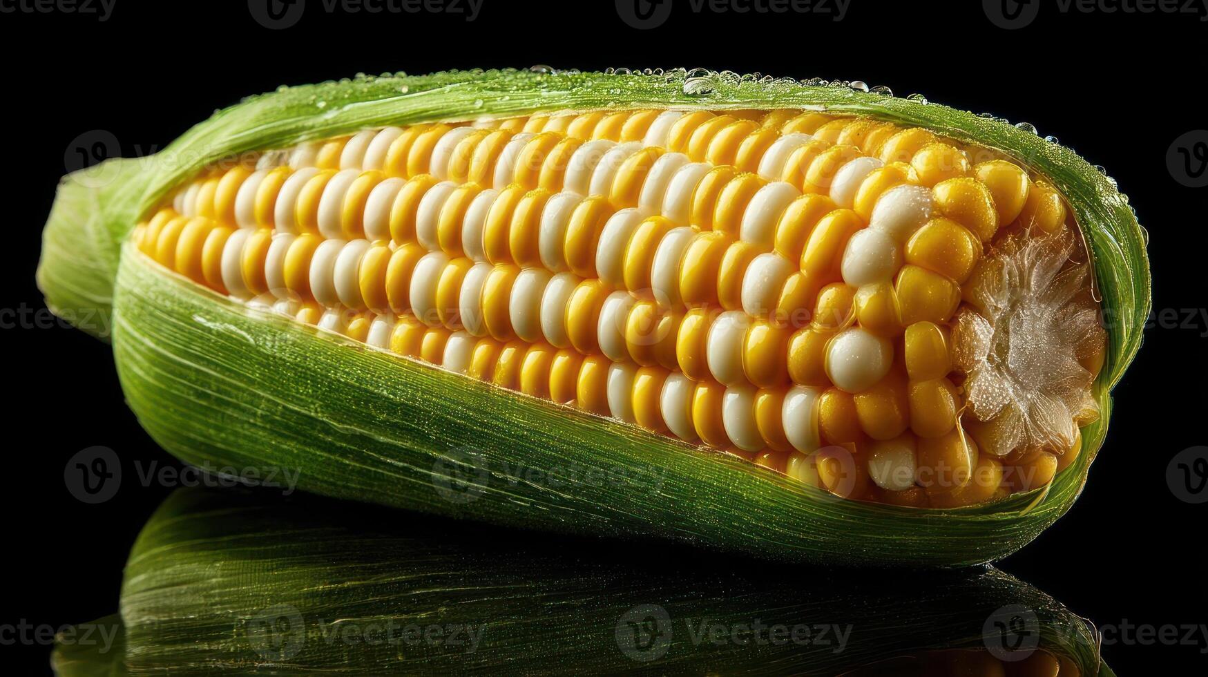 Sweet corn cob with vibrant kernels and green husks. photo
