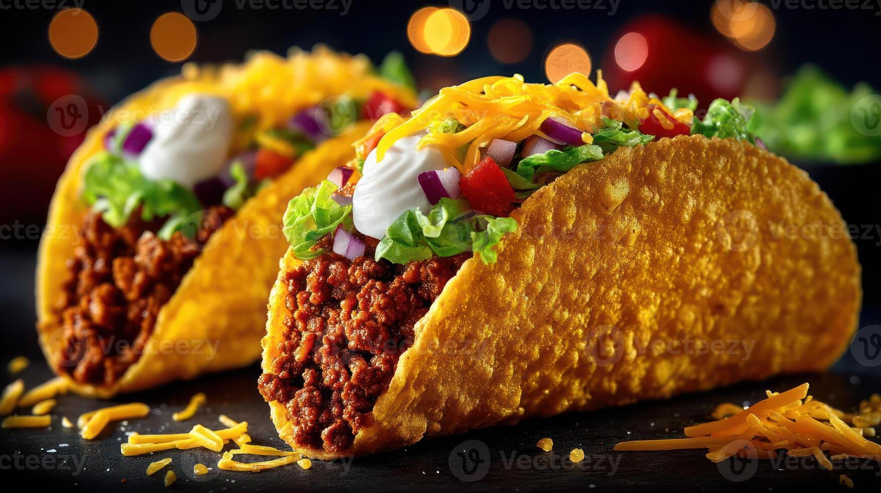 Delicious tacos with meat, cheese, lettuce, and sour cream. photo