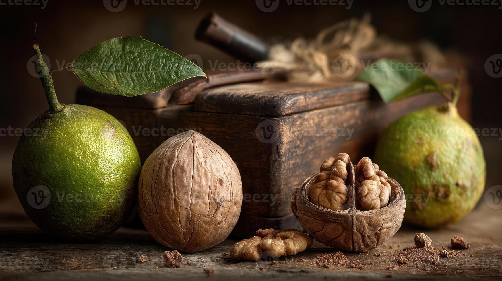 Walnuts and fruit still life with antique nutcracker. photo