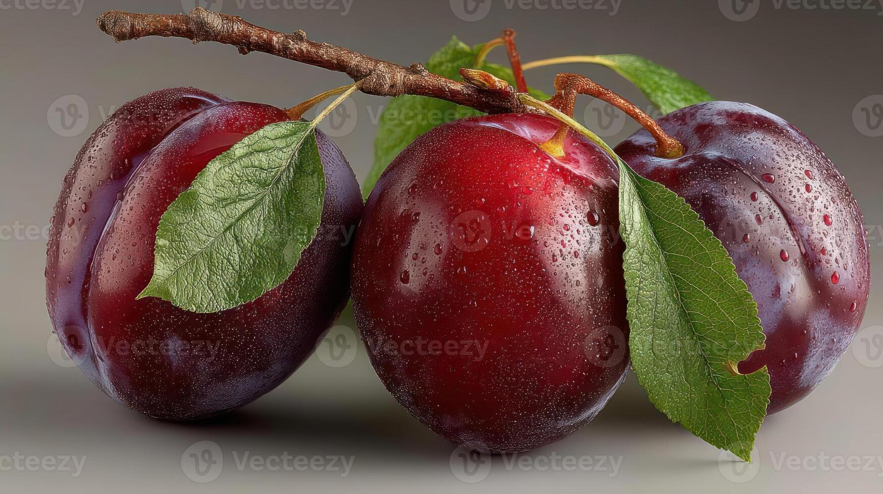 Three ripe plums with leaves, close-up, vibrant colors. photo