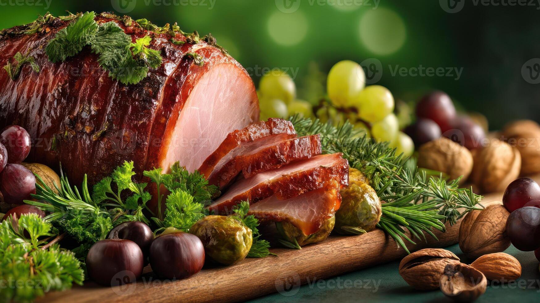 Festive glazed ham with nuts, grapes, and greenery. photo