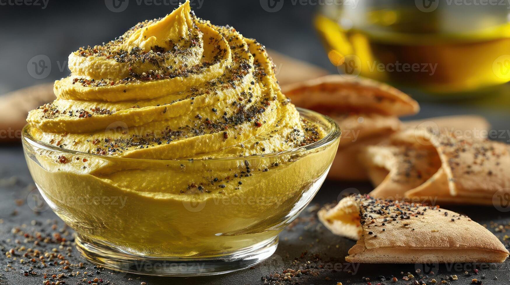 Mustard swirl in a glass bowl with sesame crackers. photo