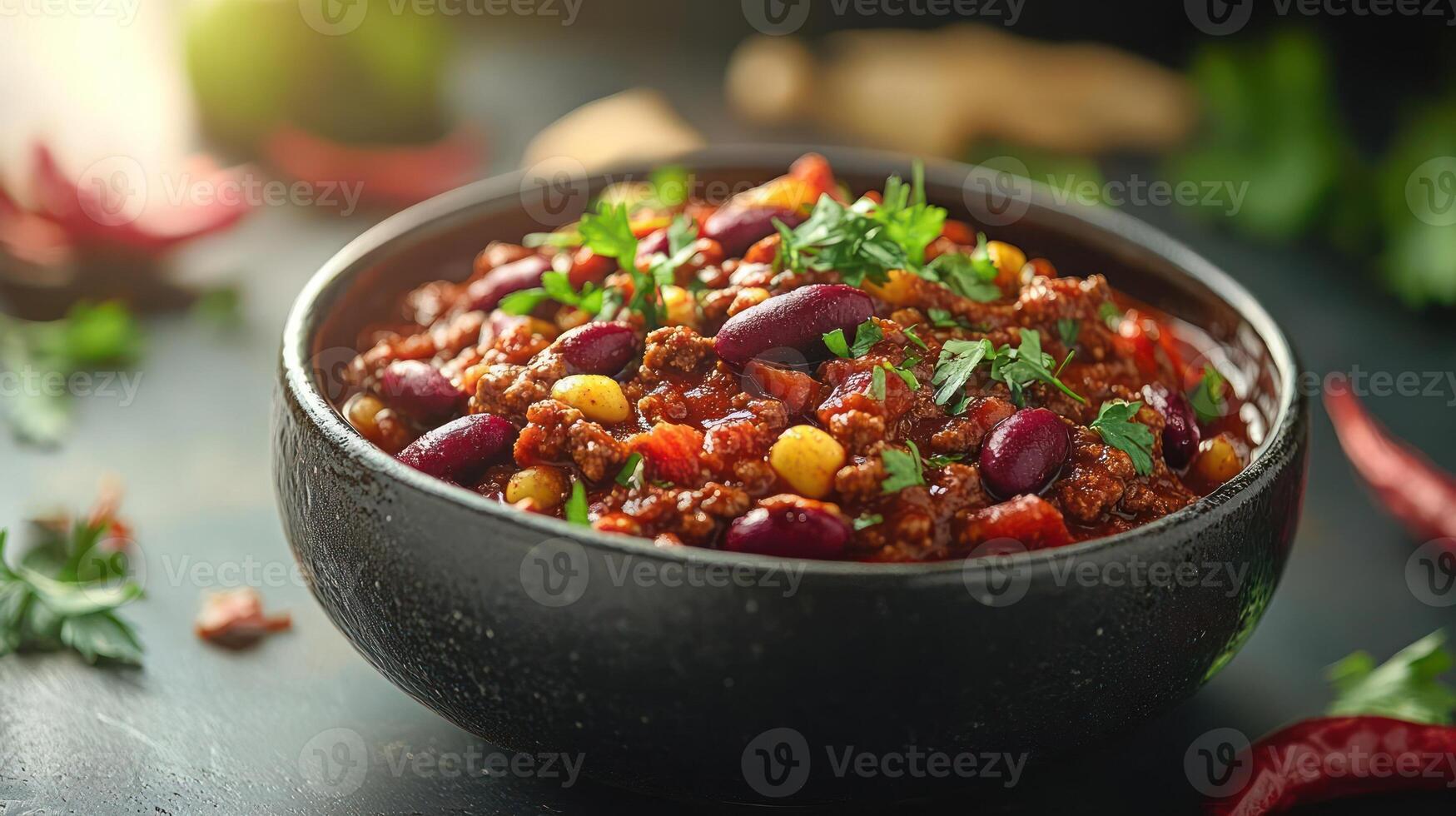 Hearty chili in a rustic bowl, garnished with fresh herbs. photo