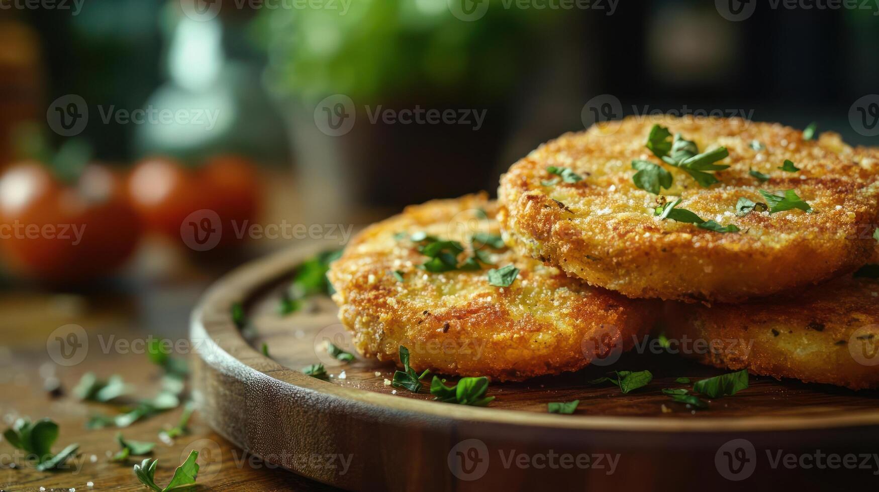 Golden, crispy patties on a wooden board. photo