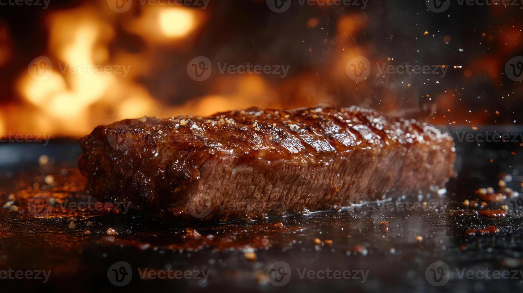Seared steak on a grill, close-up view. photo