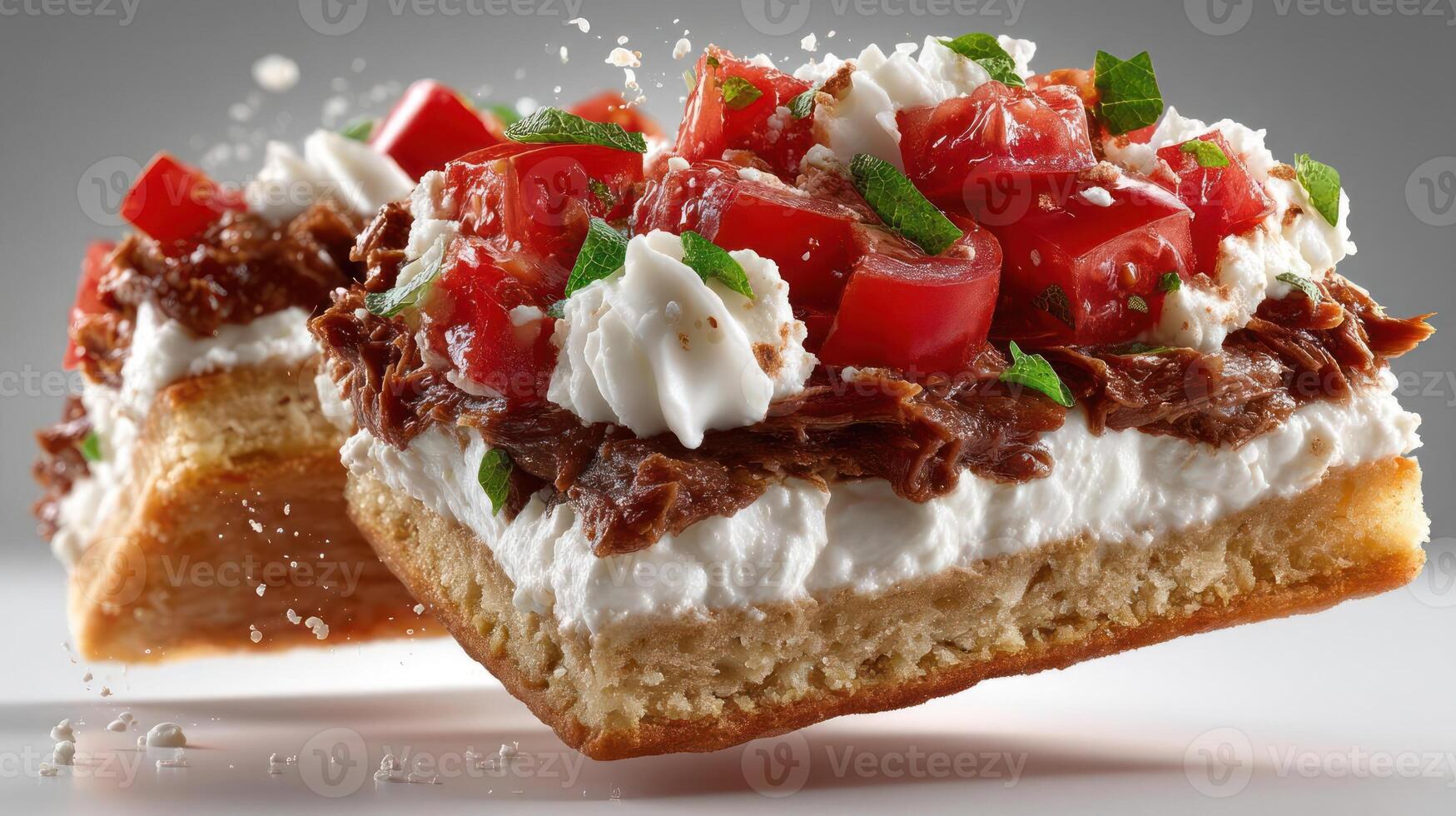 Delicious bruschetta with tomato, herbs, and creamy spread. photo