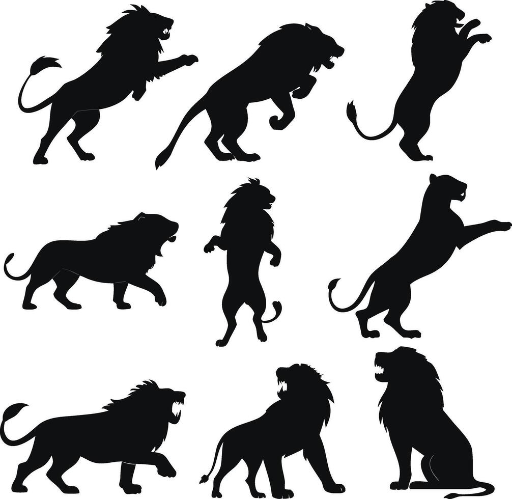 Lion silhouette bundle set design A collection of 9 black lion silhouette vector