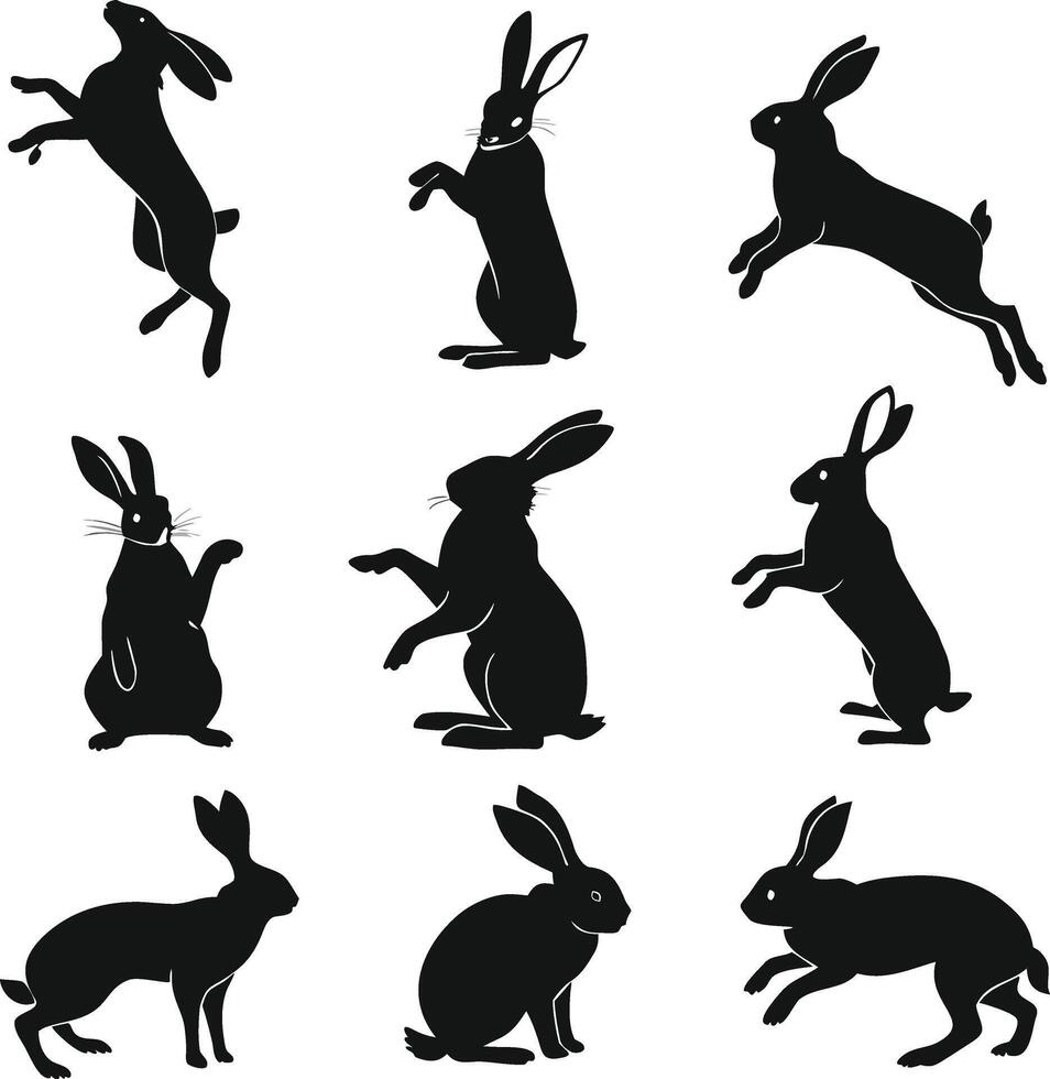 Rabbit silhouette bundle set A collection of 9 black rabbit vector