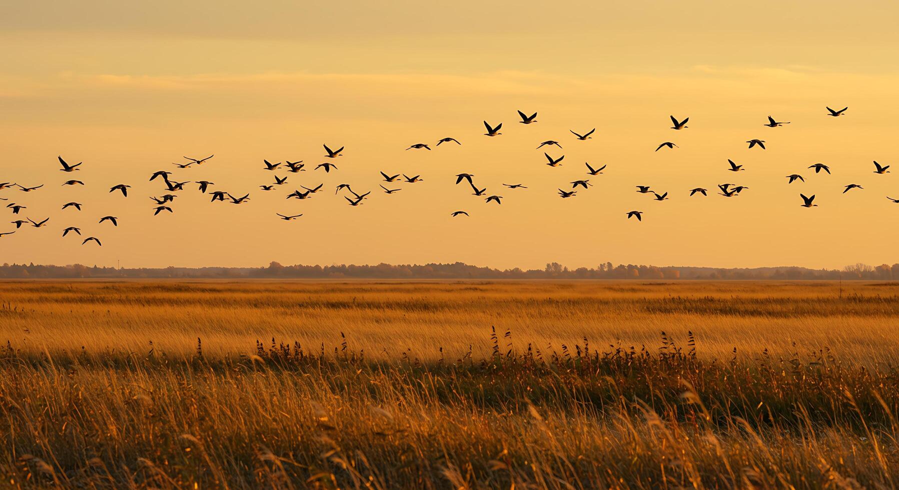 A flock of birds flying over a field of tall grass photo