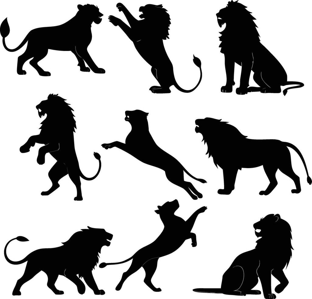 Lion silhouette bundle set design A collection of 9 black lion silhouettes in various poses, including jumping, standing, sitting, and digital use with white background vector