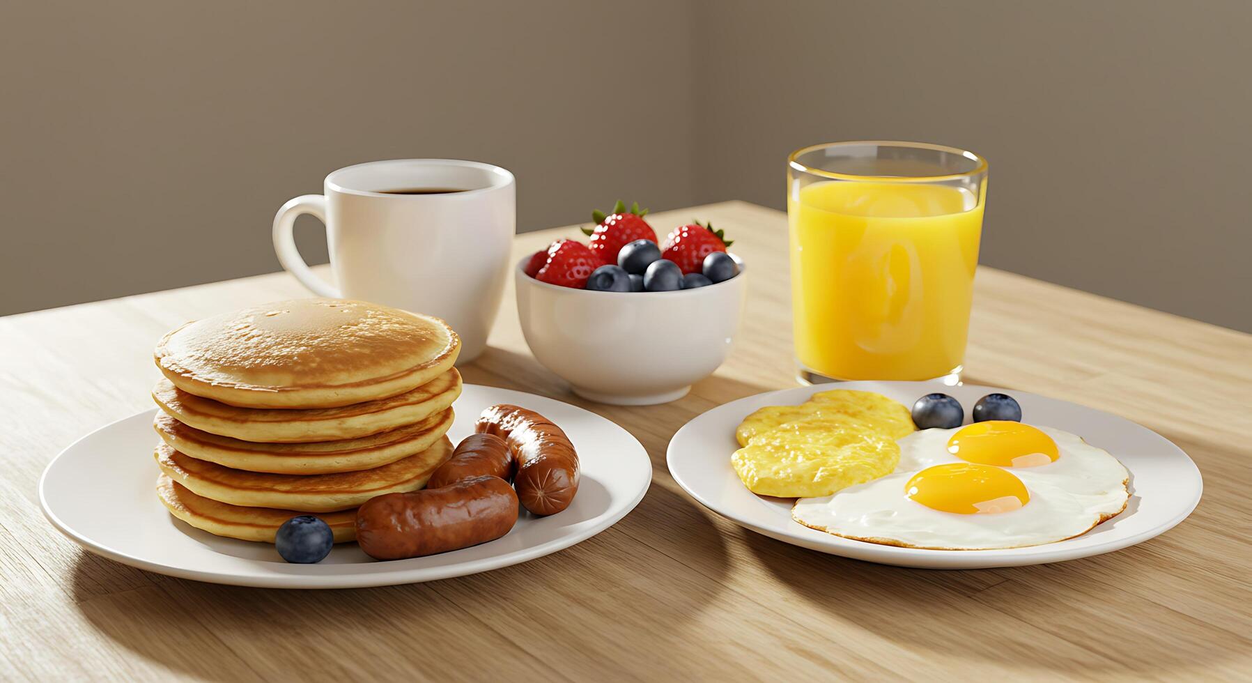 A table with a plate of pancakes, eggs, and fruit photo