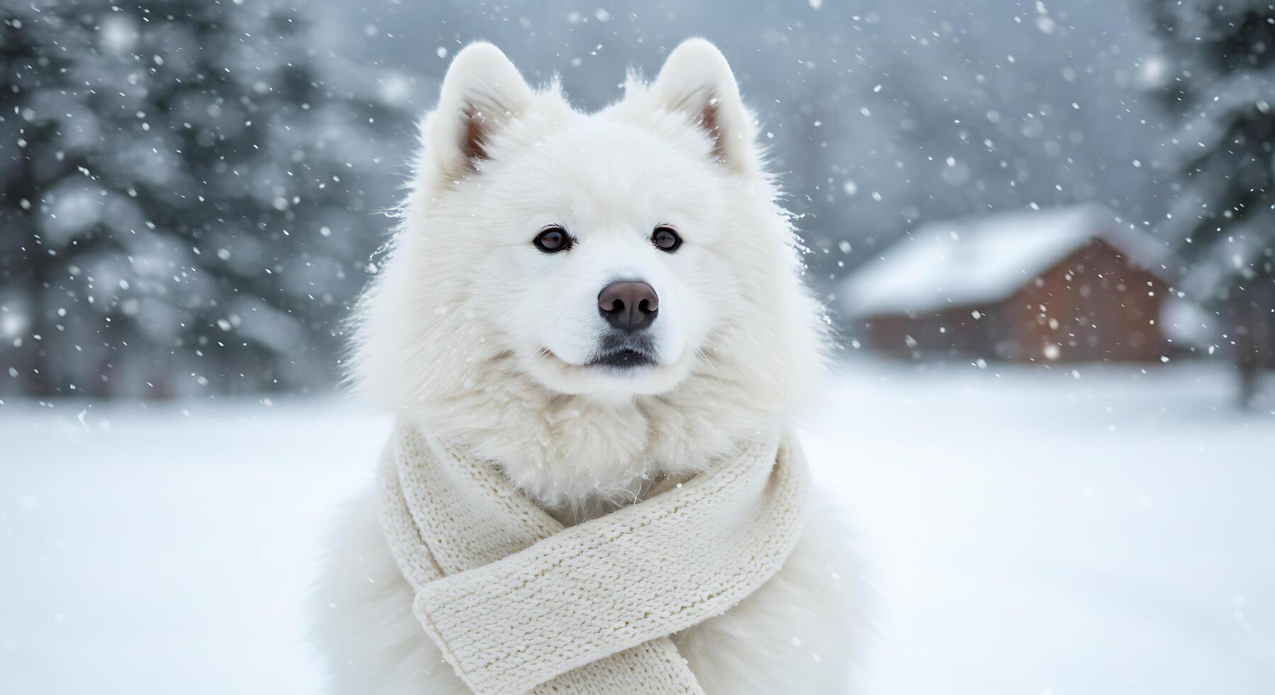 A white dog wearing a scarf in the snow photo