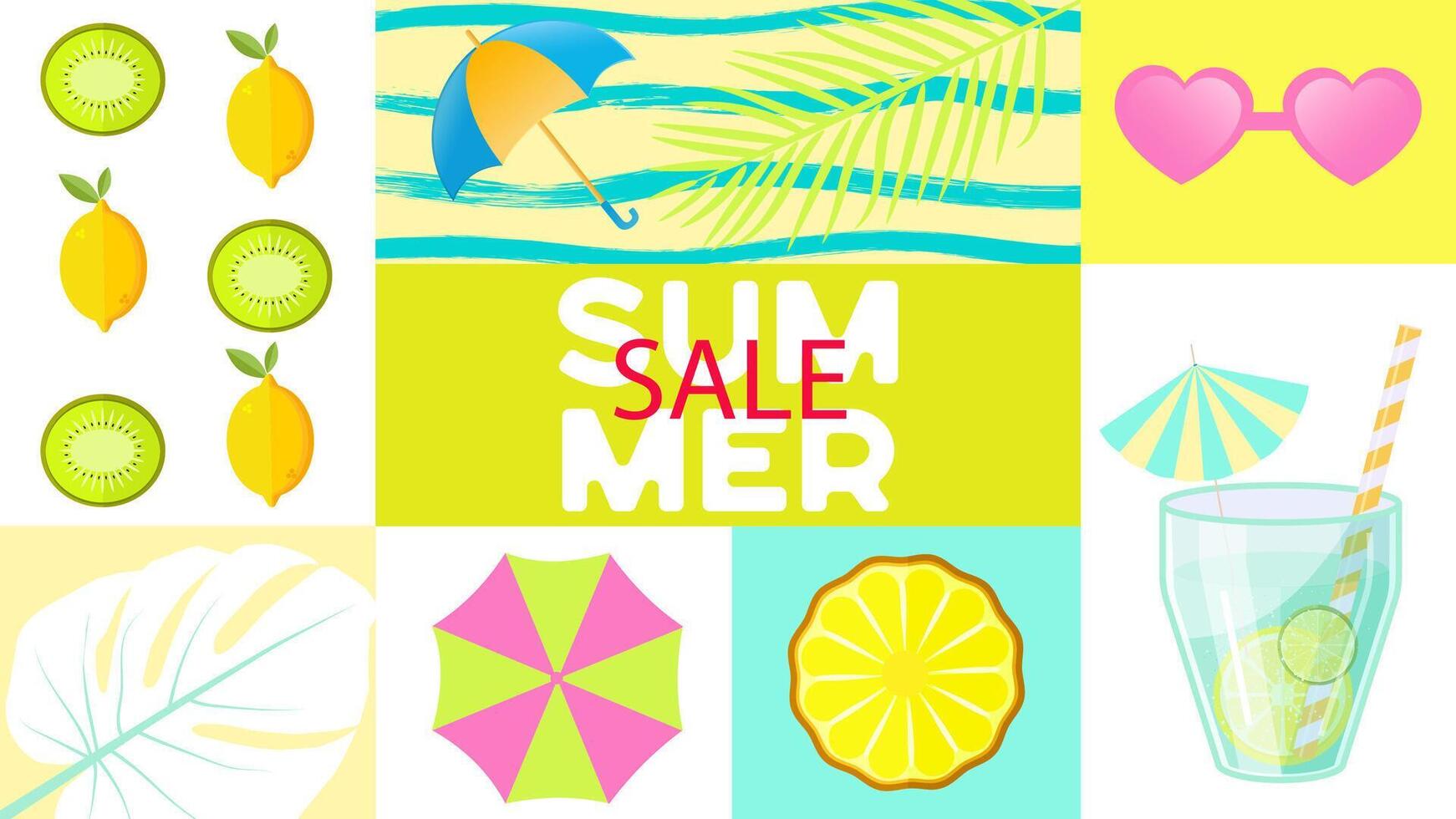 Big summer sale banner. Hello Summer Sale poster. Weekend, cocktails, juices, fruits. Summer time wallpaper vector
