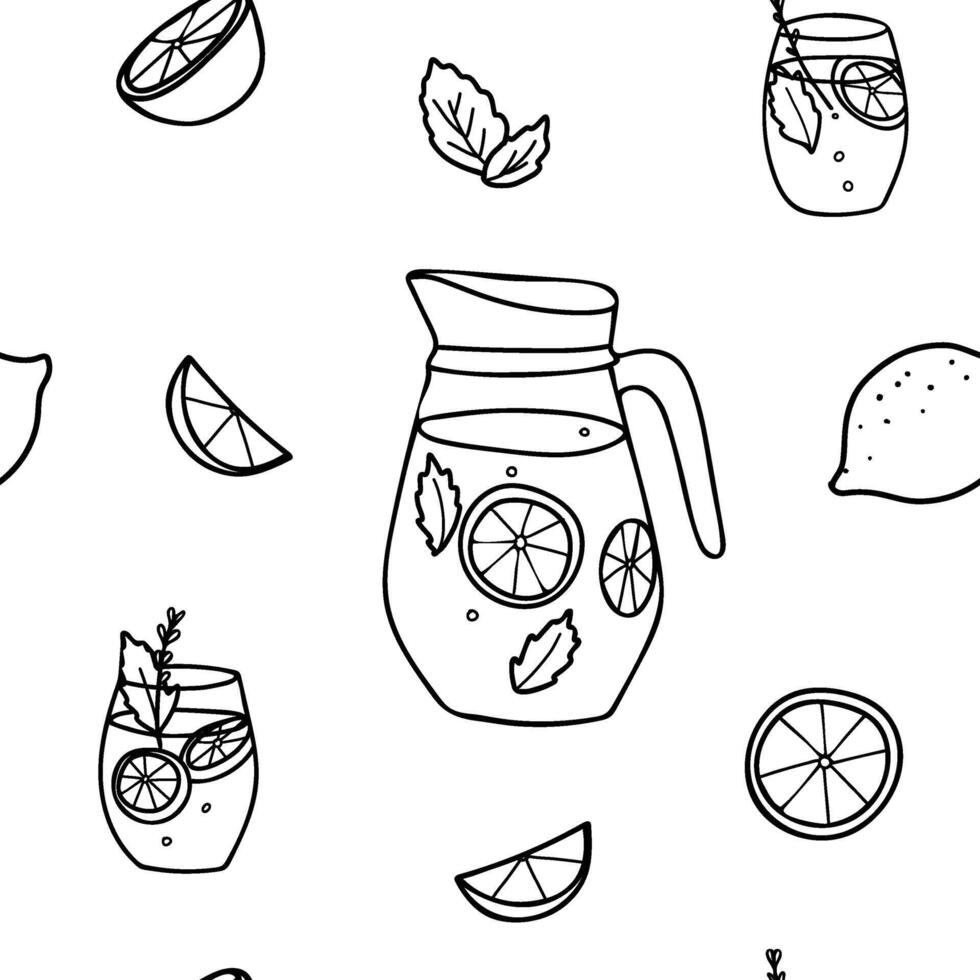 Lemonade seamless graphic pattern in minimalistic style. Hand drawn Black and white Doodle illustration of Lemonade Jug and Glasses, Lemon slices and mint. For paper, menu, fabric prints. vector
