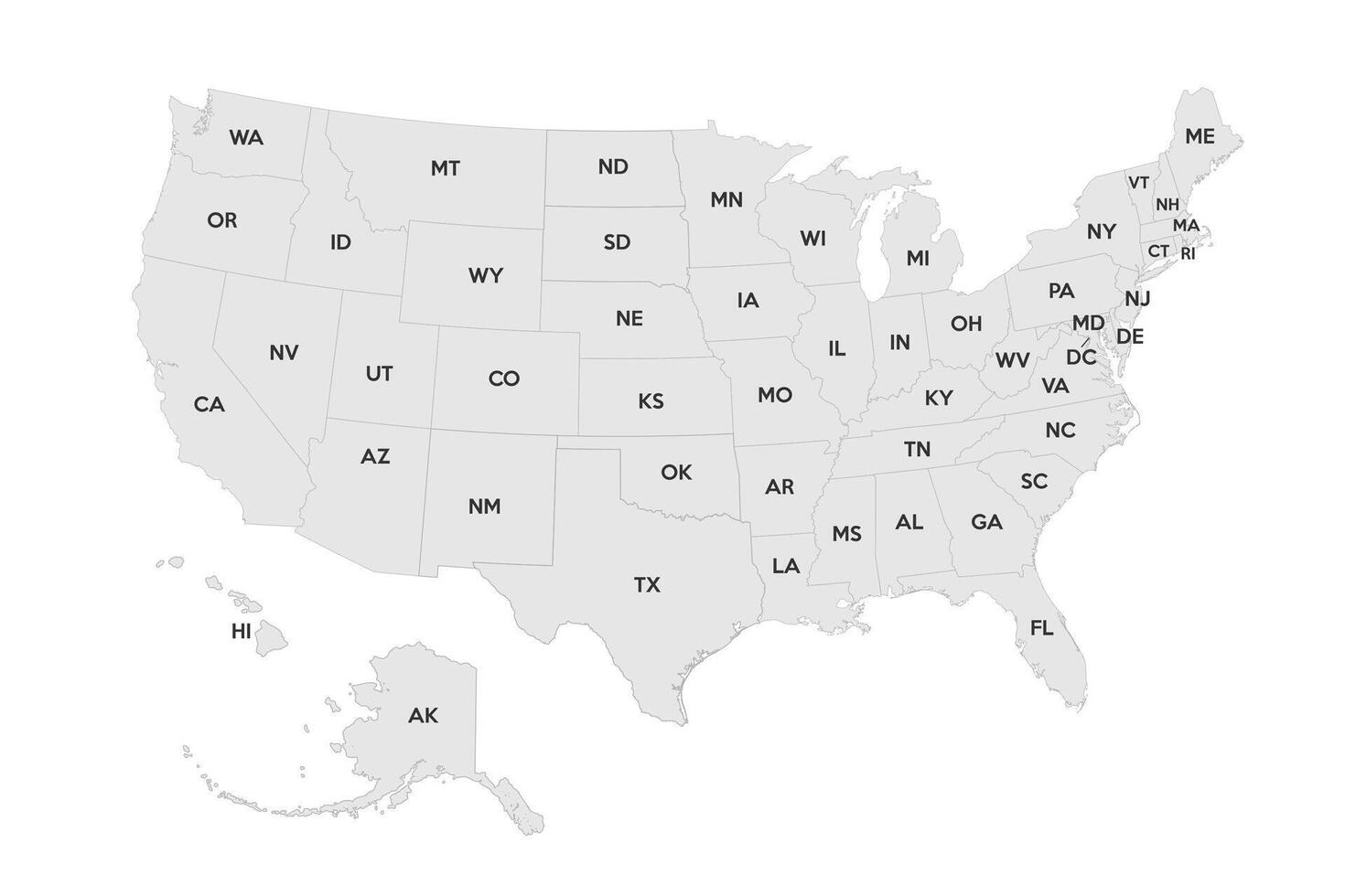 Map of the United States. Detailed map with names states of the USA with state borders. vector