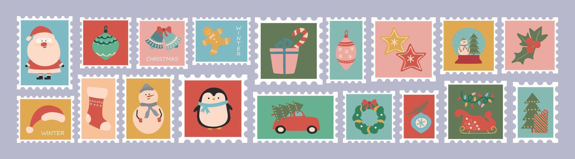 Collection of Christmas and winter postage stamps. Holiday illustrations on holiday postage stamps. vector