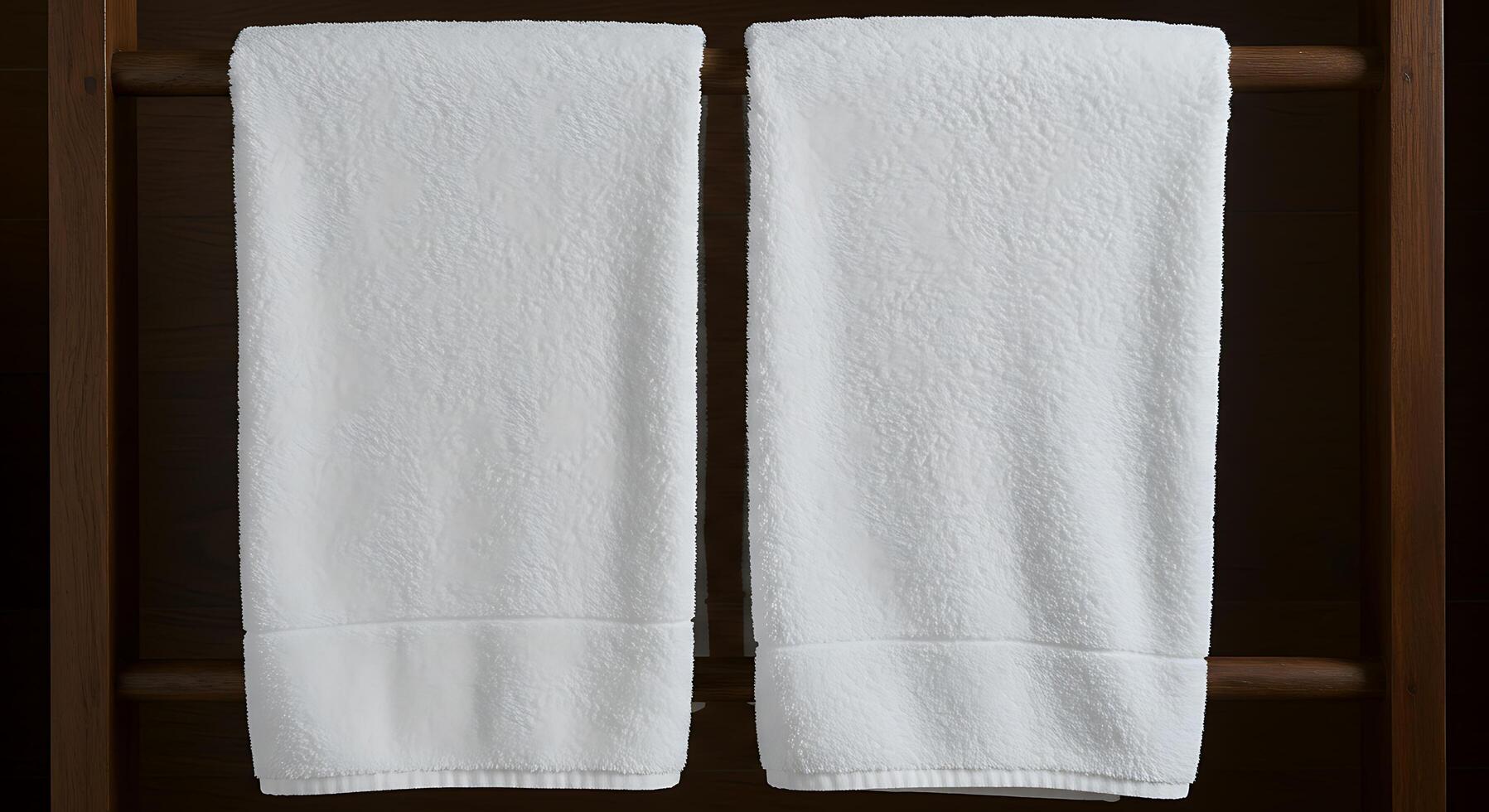 Two white towels hanging on a wooden rack photo