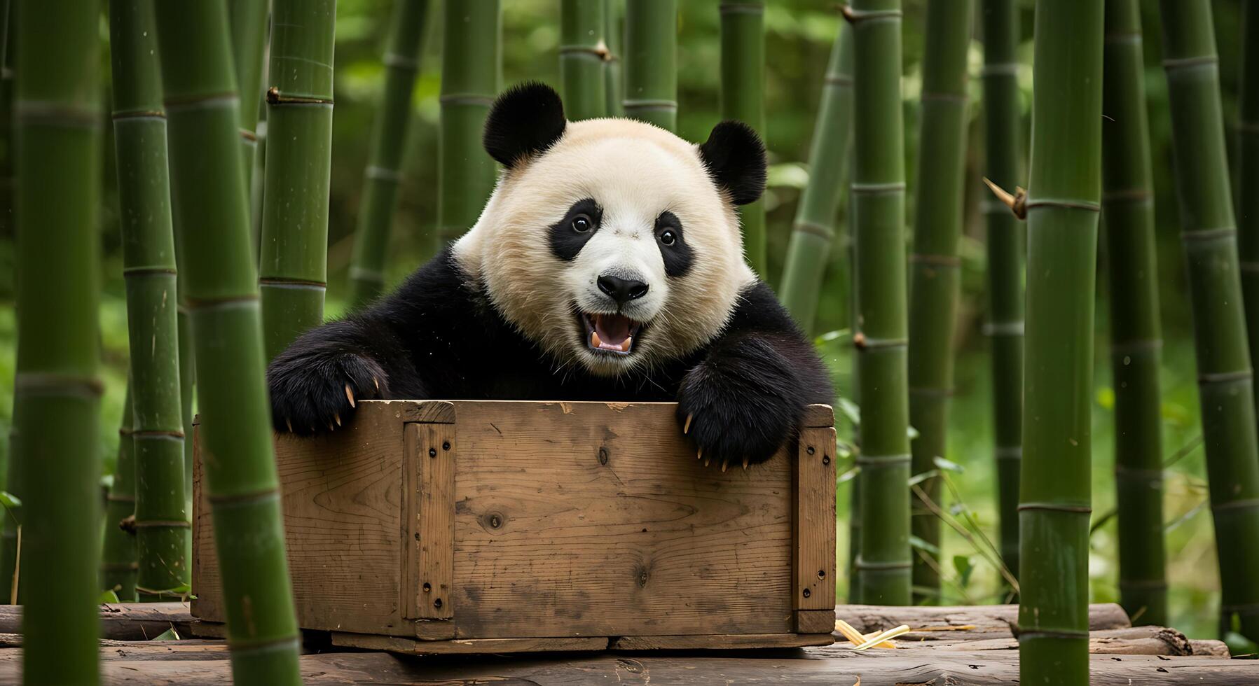 A panda bear sitting in a wooden box photo