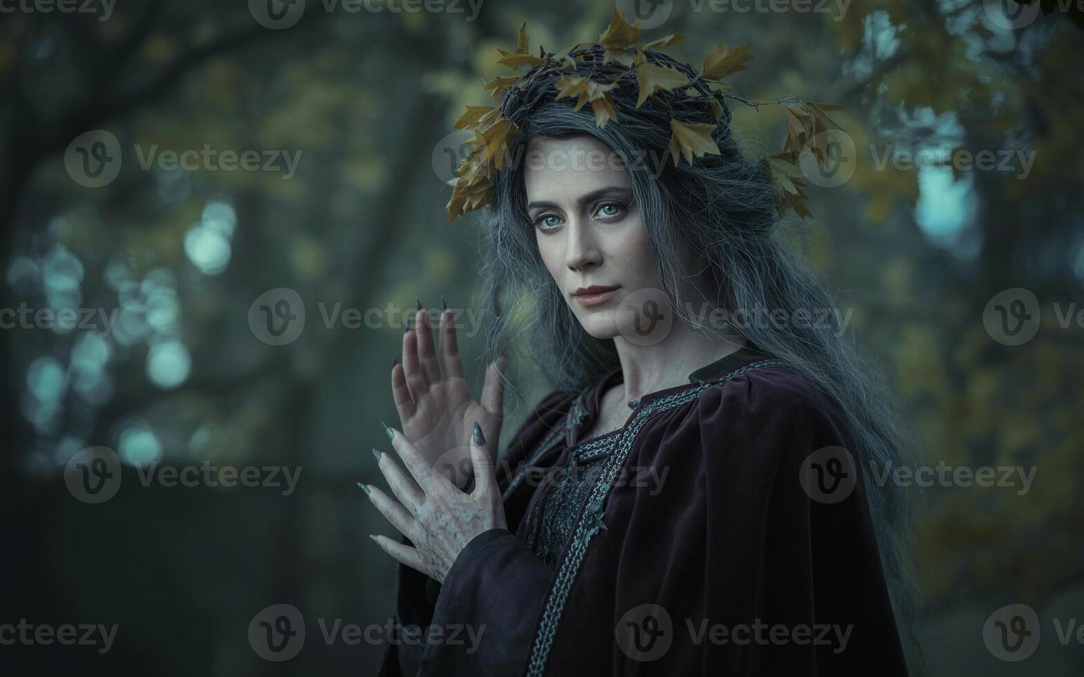 A woman in a dark forest with a wreath on her head photo