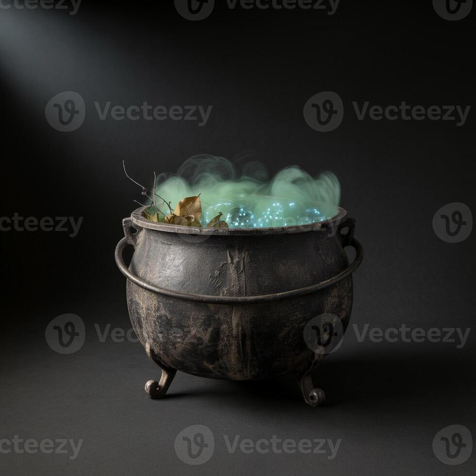 A cauldron with green smoke and leaves in it photo