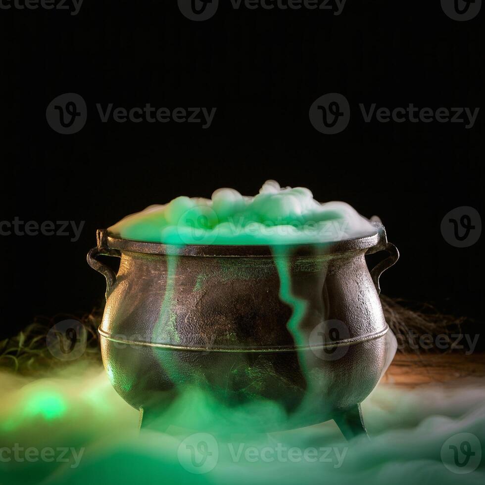 Halloween cauldron with green smoke and smoke photo