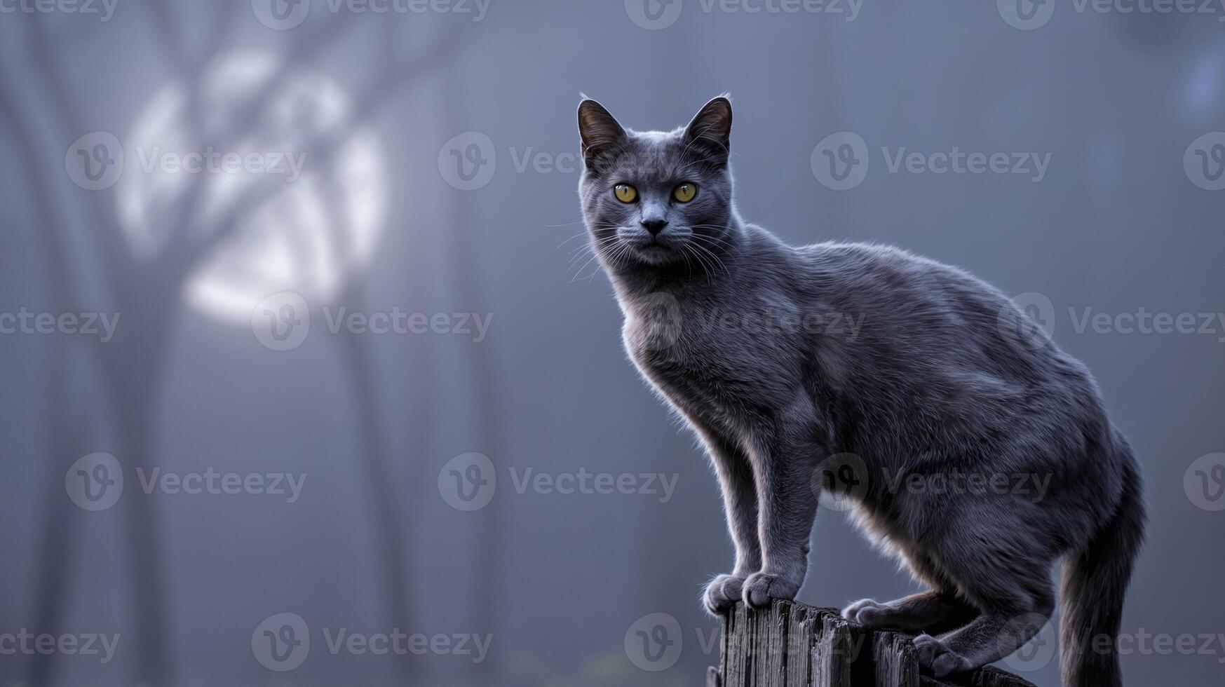 A gray cat is standing on a fence in front of a full moon photo