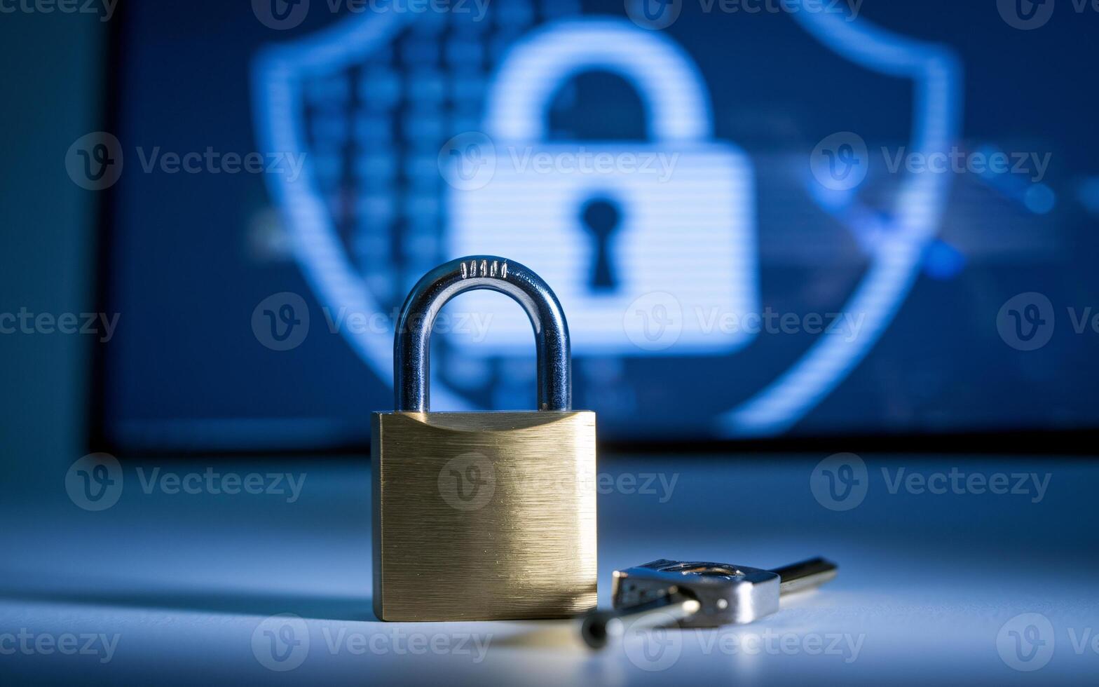 Security concept with padlock and key on desk photo