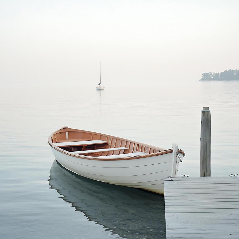 Serene Morning Rowboat Moored at a Lake Dock. A tranquil scene of a small wooden rowboat resting peacefully at a wooden dock on a calm lake, with a sailboat in the distance. photo