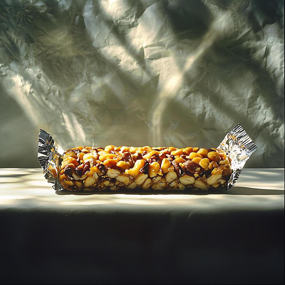 Delicious Nut and Caramel Bar in Foil Wrapper. A close-up shot of a gourmet snack bar, perfect for food blogs, packaging design, or advertising. photo
