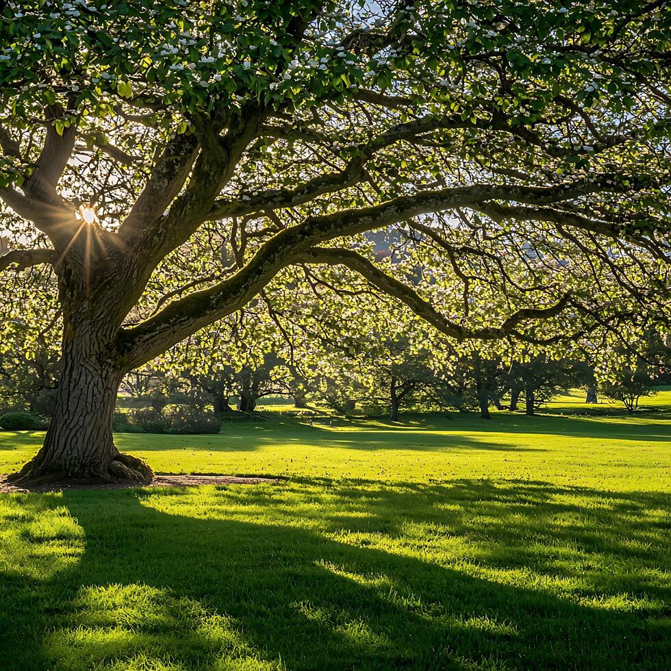 Majestic Oak Tree in Springtime Sunlight Sunbeams Streaming Through Branches in a Lush Green Meadow. photo