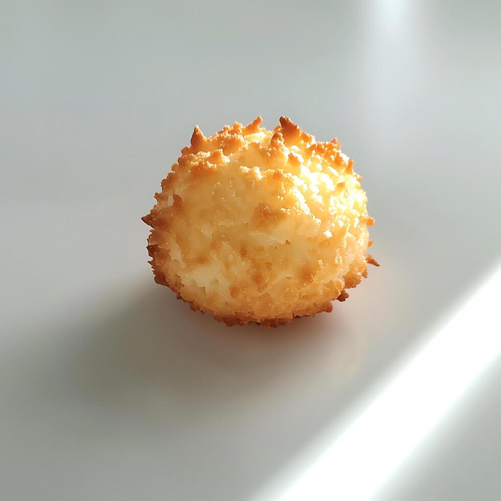 Single Coconut Macaron Cookie on White Background. A delicious, golden-brown baked treat perfect for food blogs, culinary websites, or dessert menus. photo