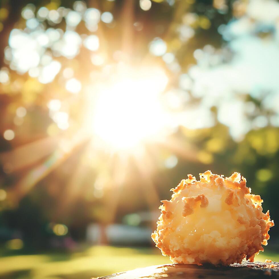 Delicious Coconut Macaroon in Golden Sunlight. A sweet treat enjoyed outdoors on a sunny day. photo