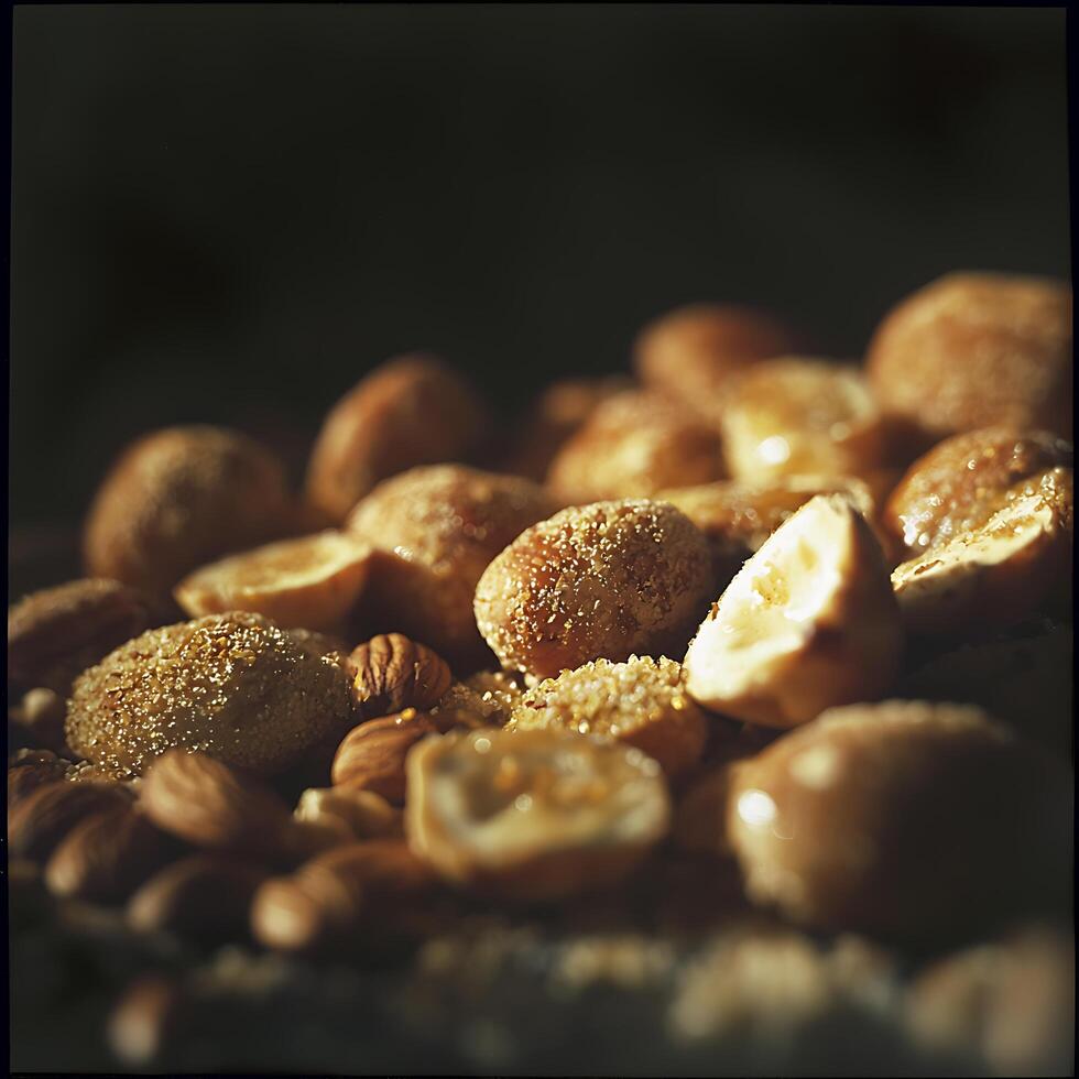 Close-up of Sugar-Coated Hazelnuts and Almonds. A Detailed Image of Roasted Nuts. photo