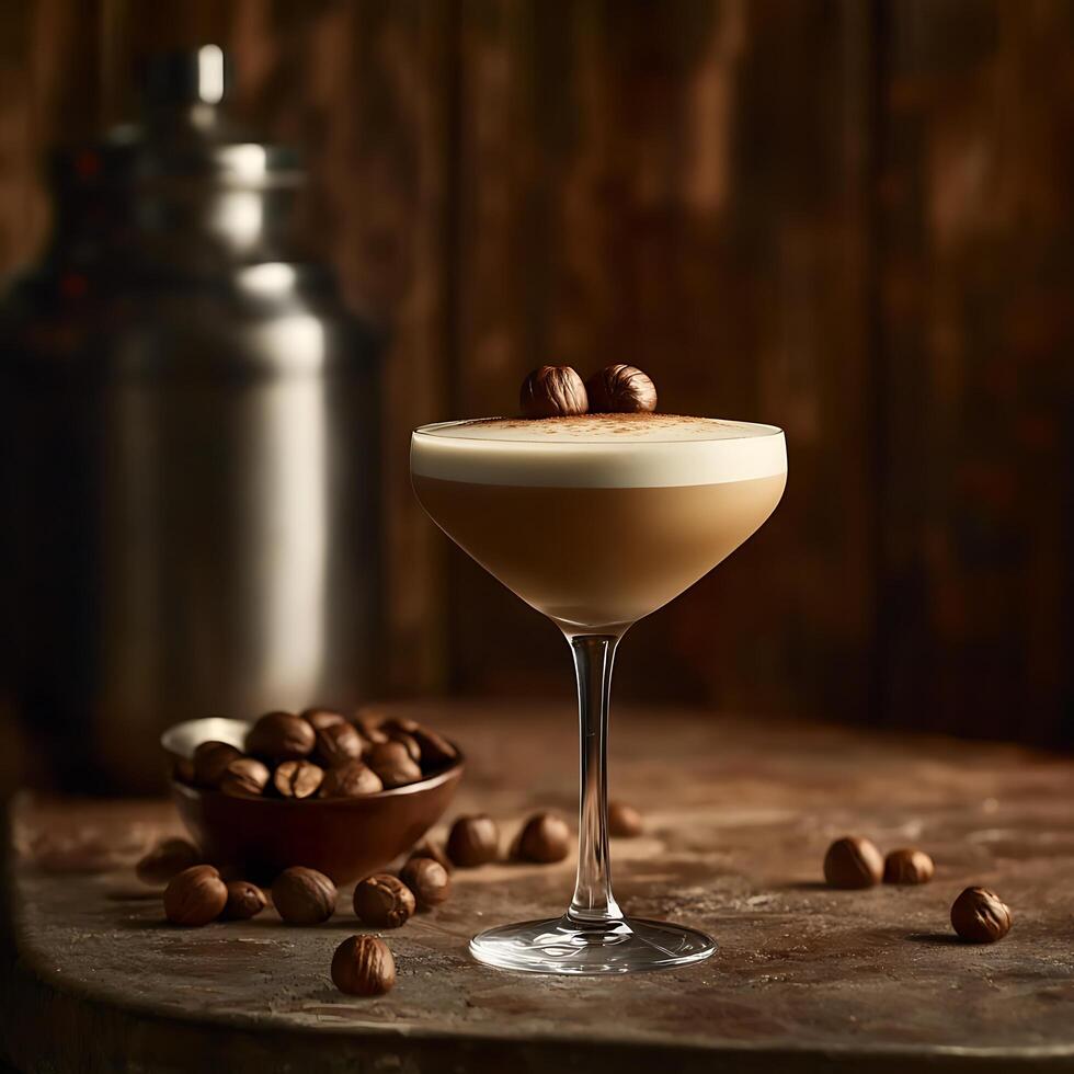 Gourmet Hazelnut Cream Cocktail in a Martini Glass. A luxurious drink garnished with hazelnuts, perfect for an upscale menu or cocktail recipe book. photo