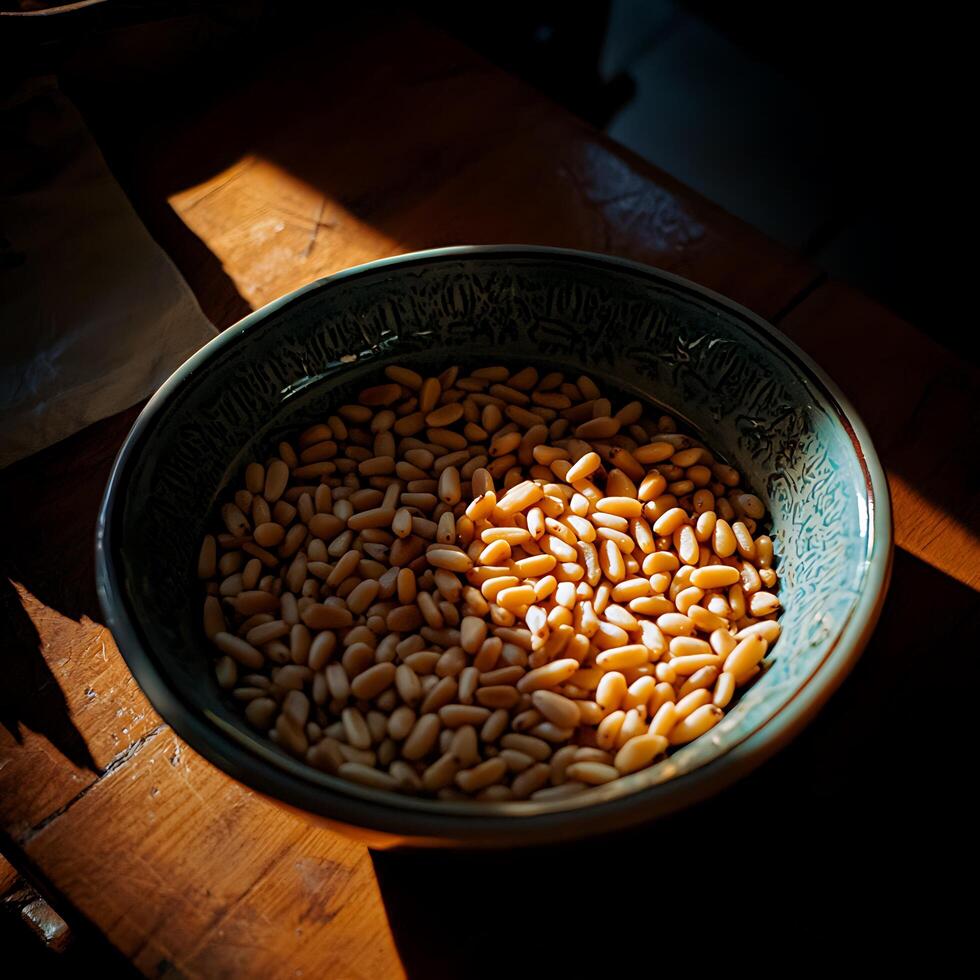 Sunlit Bowl of Pine Nuts A Culinary Still Life. photo