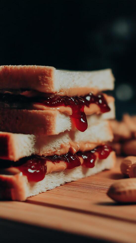 A sandwich with peanut butter and jelly on top photo