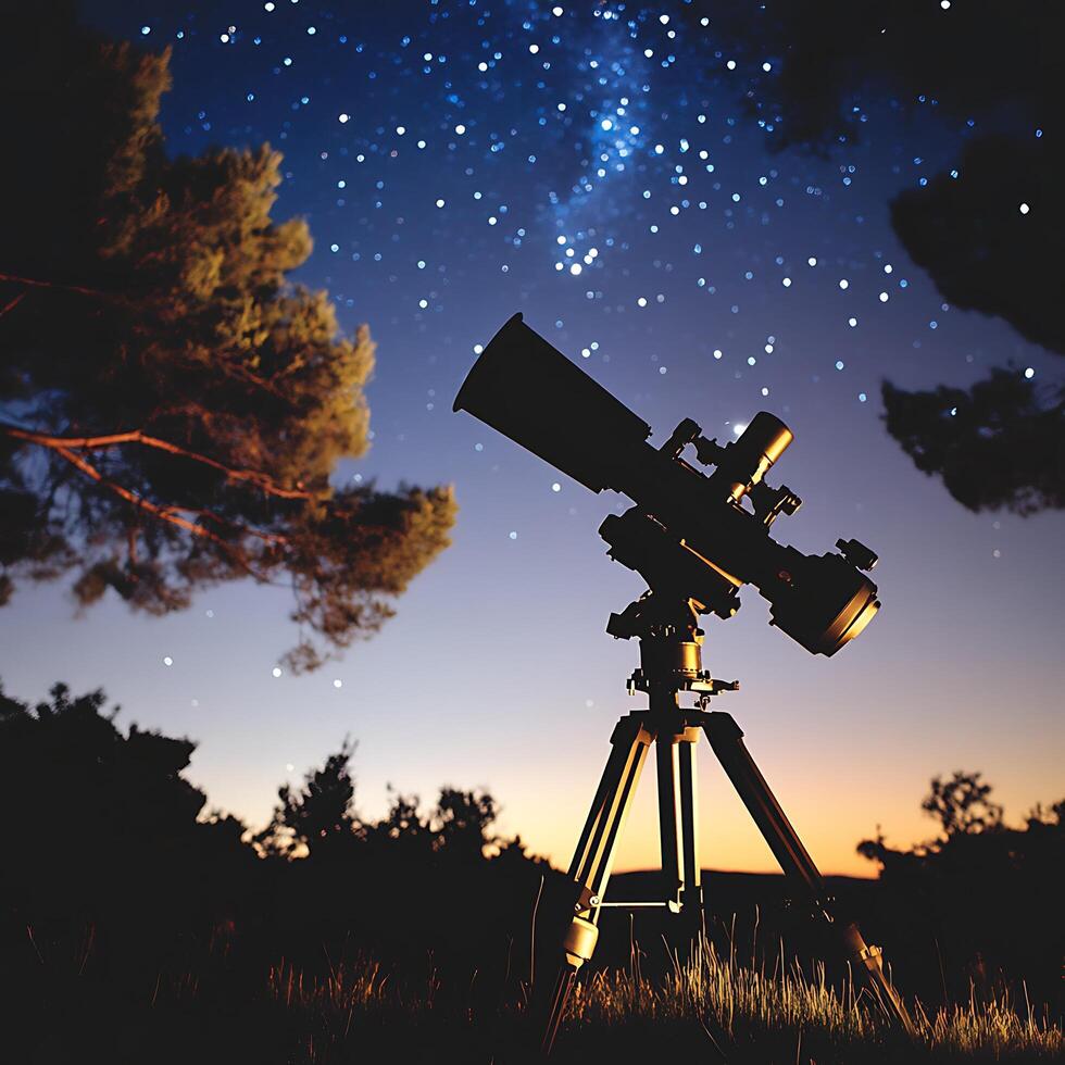 Astronomical Telescope Silhouetted Against a Starry Night Sky. A majestic image perfect for astronomy, space exploration, and night sky themes. photo