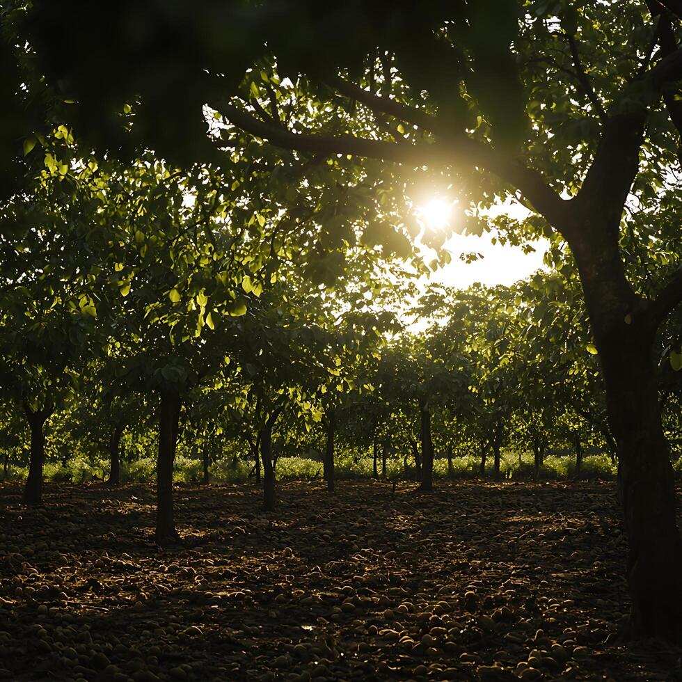 Golden Hour in an Orchard Sunlight Filtering Through Leafy Trees. photo