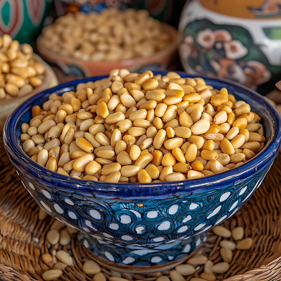 A Close-Up of Pine Nuts in a Decorative Bowl. The image showcases the texture and color of the nuts. photo