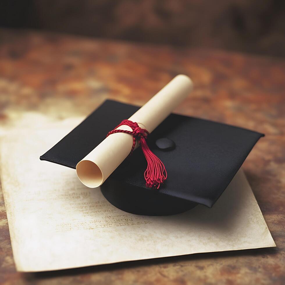 Graduation Cap, Diploma, and Antique Parchment A Symbol of Academic Achievement. photo