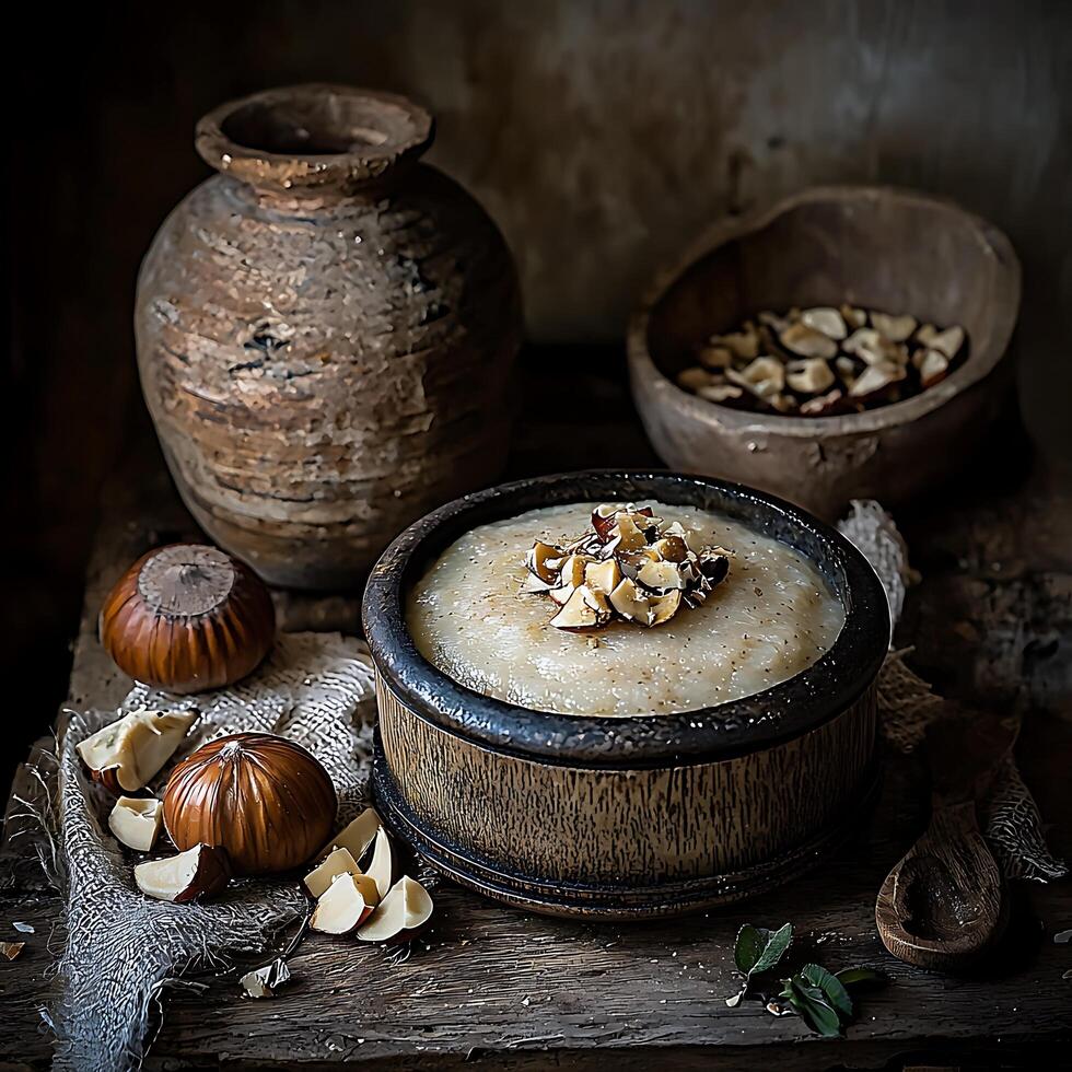 Rustic Still Life Hazelnut Cream in a Wooden Bowl. photo