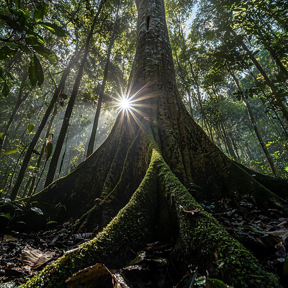 Majestic Rainforest Tree with Sunburst Nature Photography. photo