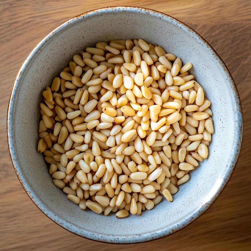 Overhead Close-Up of Pine Nuts in a Rustic Bowl. photo