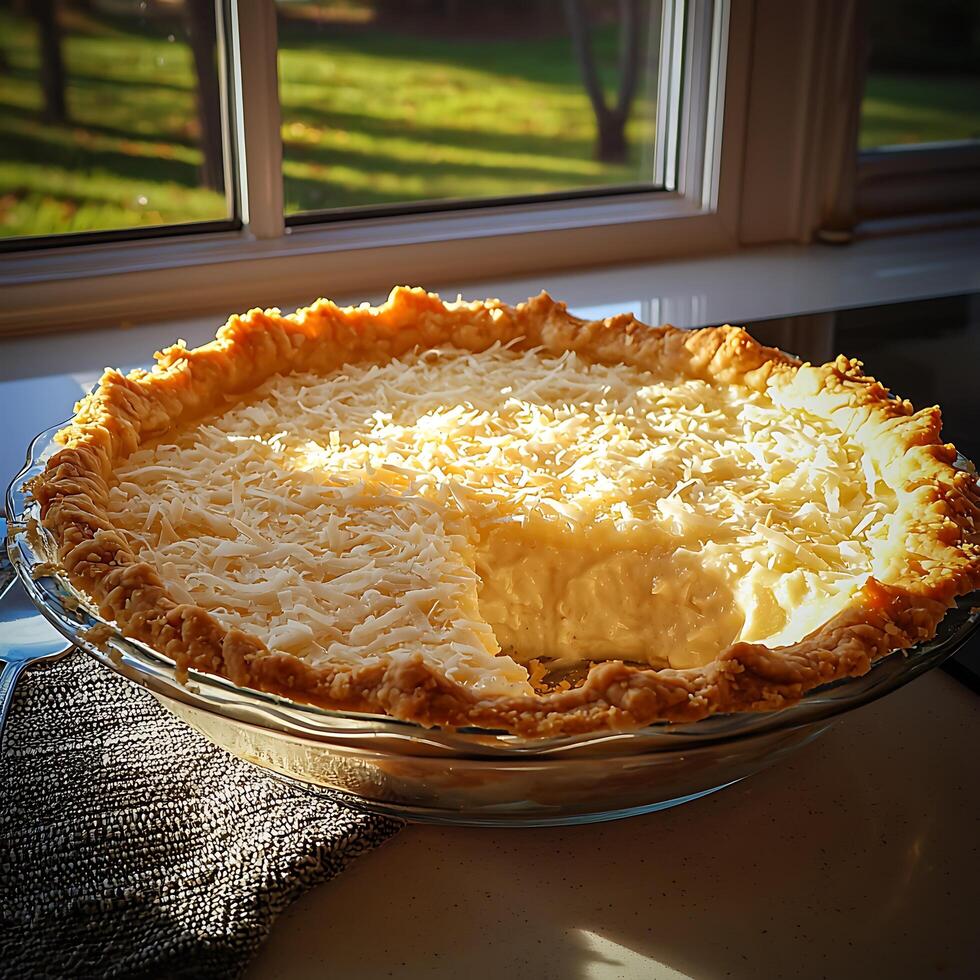 Delicious Coconut Cream Pie with a Flaky Crust, Ready to Serve. photo